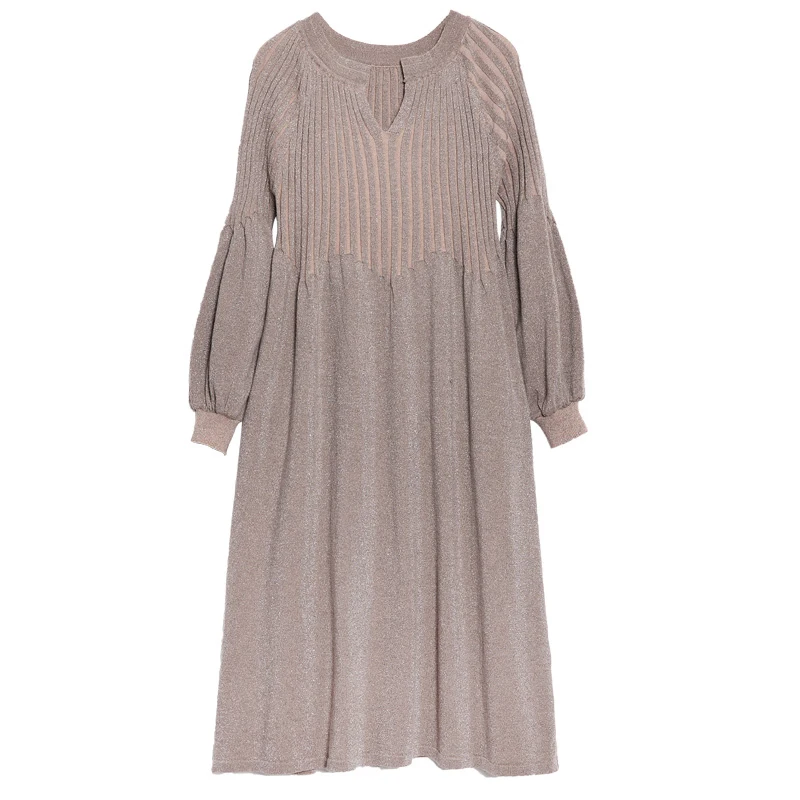 [EAM] 2019 New Spring Winter V-collar Long Lantern Sleeve Back Lurex Striped Stitch Loose Brief Dress Women Fashion Tide JI625