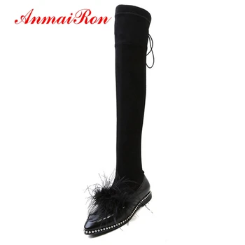 

ANMAIRON Female Over the Knee Boots Fashion Shoes Zipper Pointed Toe Women Fall Winter Thick Heel Black boots Beige Bootie CR857