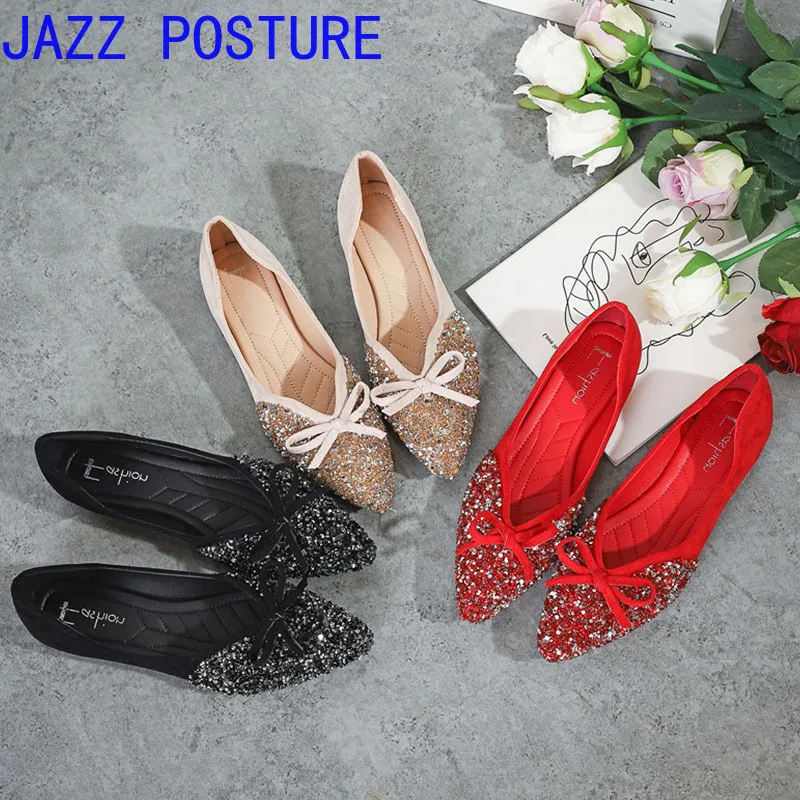 

New women's leisure shoes with flat sole luxury brand lighter pointed ballerina boat shoes red wedding banquet fashion shoesz094