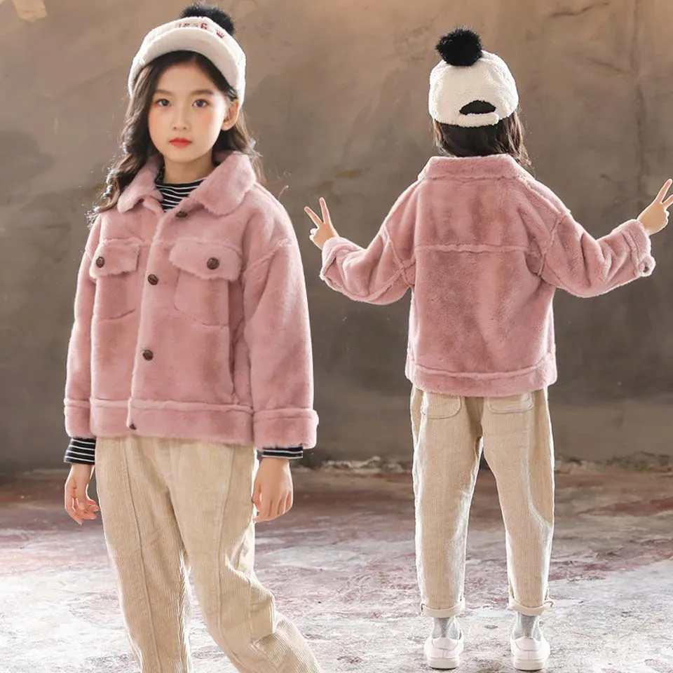 

Jackets For Girls 2018 Autumn Winter Children Outerwear Girls Fake Fur Coat Kids Clothes Casual Long Jacket Girl Coats 120-160CM