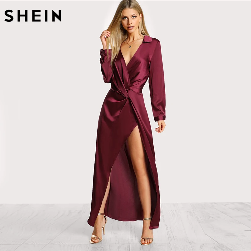 Acheter SHEIN bourgogne Sexy robe de soirée Satin avant torsion Wrap robe revers profond col en V manches longues Split Maxi chemise robe