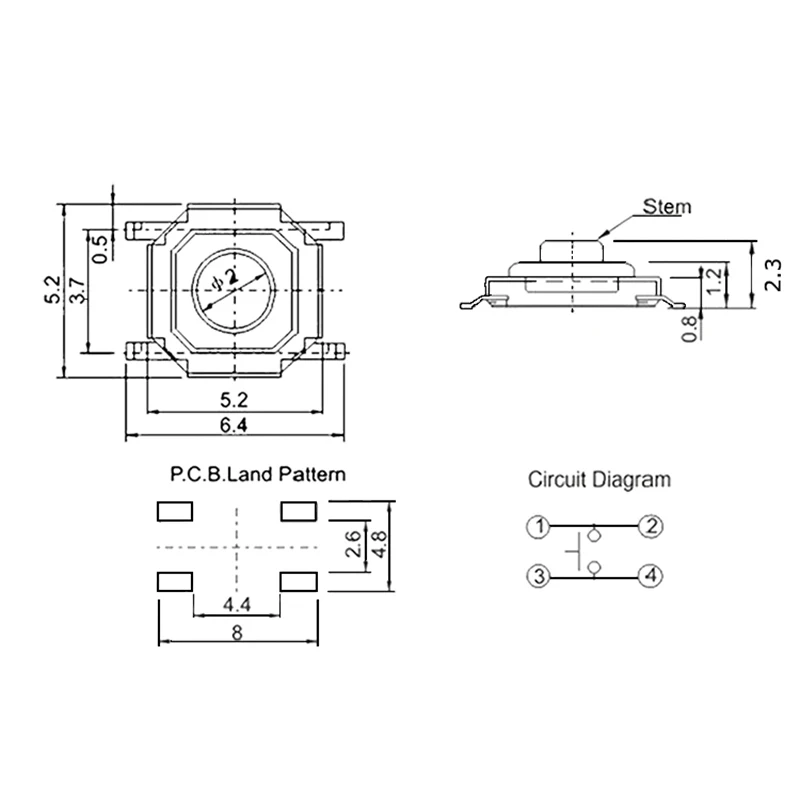 50 шт./лот 5,2*5,2*2,3 мм 12V 0.5A 4 Pin SMT нажимная кнопка металла переключатель тактильные микро, тактовый сенсорный выключатель Медь прерыватель