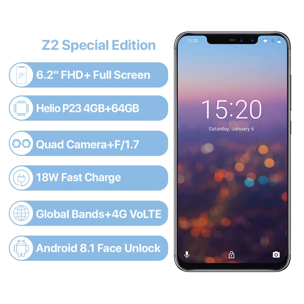 Umidigi Z2 специальное издание 4 Гб ОЗУ 64 ПЗУ мобильный телефон Helio P23 Octa Core 6," Android 8,1 16 Мп+ 8 МП 4G LTE камера Сотовый телефон