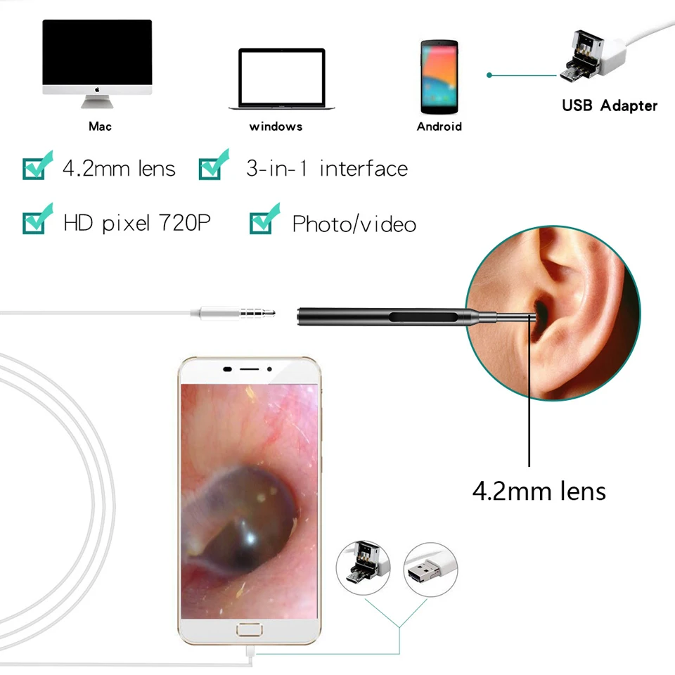 Ушная Очищающая эндоскопа камера 3в1 Визуальный Инструмент для чистки ушей 4,2 мм мини камера Android PC ушной выбор Otoscope бороскоп забота о здоровье