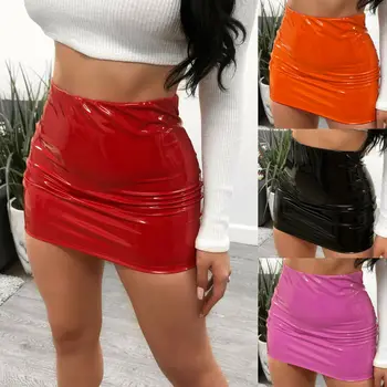 

Women Sexy Bright leather Bodycon High Waist Slim Micro Mini Skirt Evening Party Clubwear