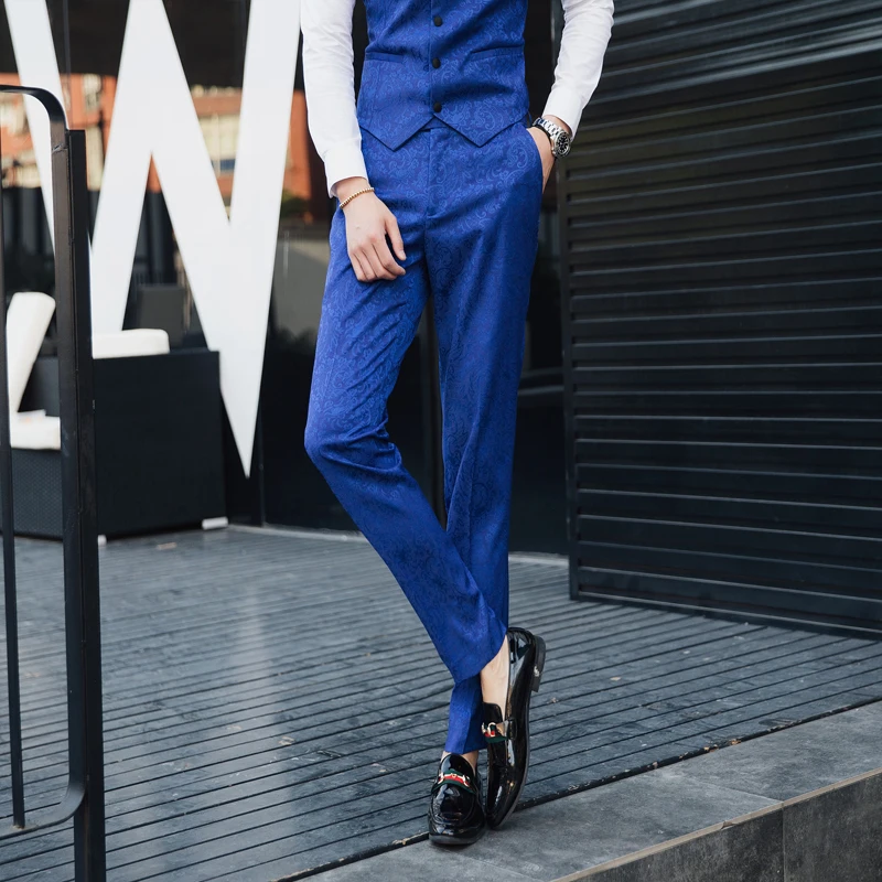 Classic High-end Men's Blue Print Suit Pants Fashion Business Banquet Men Dress Trousers Size 29 30 31 32 34 36 38 40