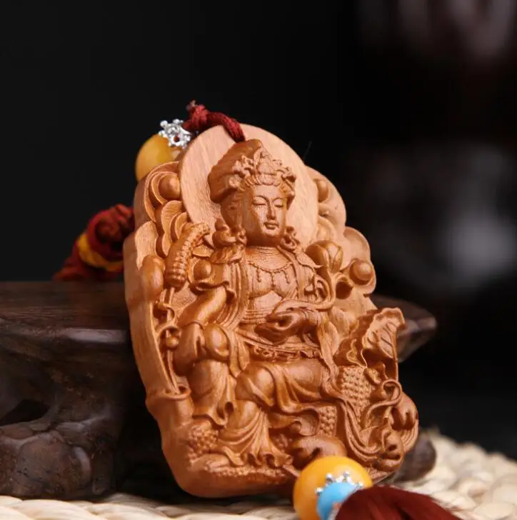 

Chinese Peach Wood Carving Lotus Leaf Guan Yin Kwan-yin Bodhisattva Riding Dragon Exquisite Car Key Pendant Bag Pendant
