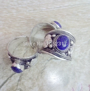 

Wholesale 10pcs Top Quality Retro Style Tibet Carved Lace Blue Lapis Lazuli Bead Ring Adjustable Unisex