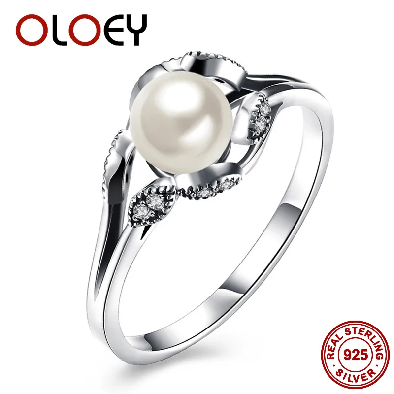 OLOEY Fashion 925 Sterling Silver Rings with Imitation Pearl for Women