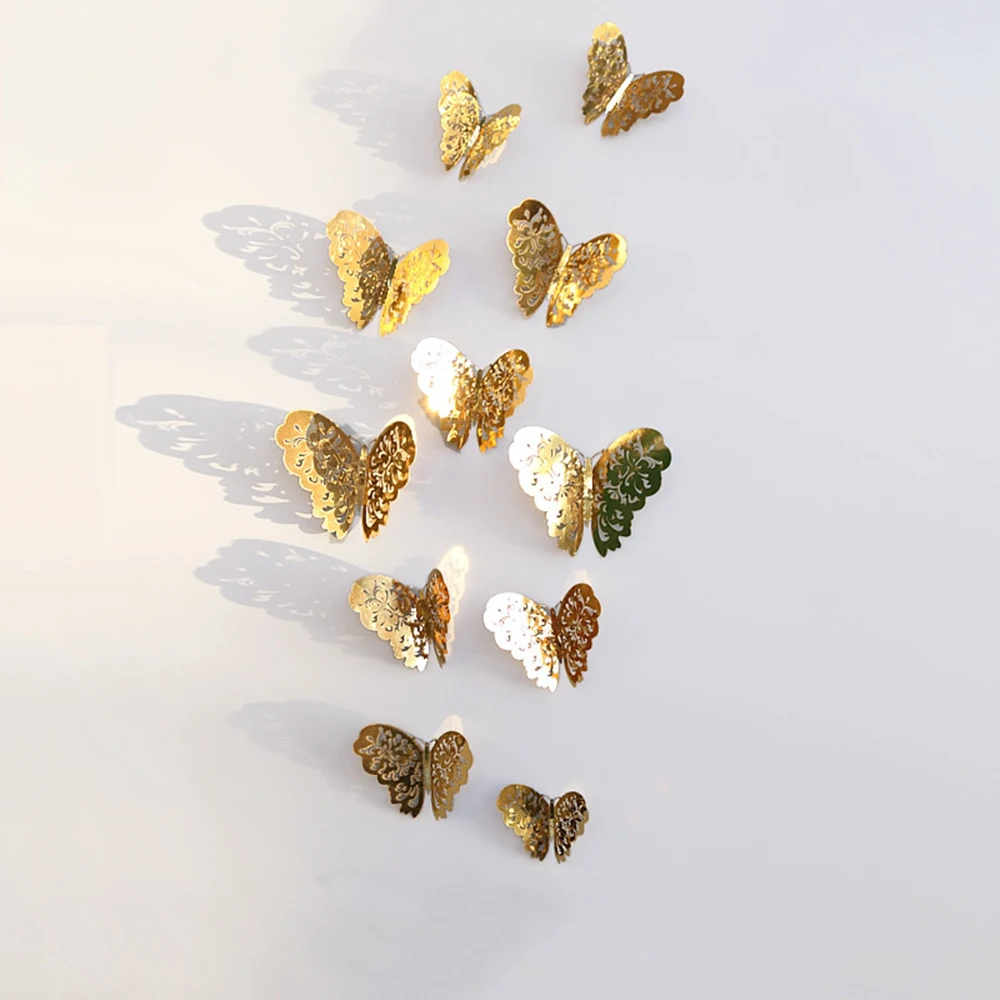 12 шт. 3D полые золотые и серебряные толстые бумажные наклейки на стену бабочка на холодильник магнит для детской комнаты украшения дома