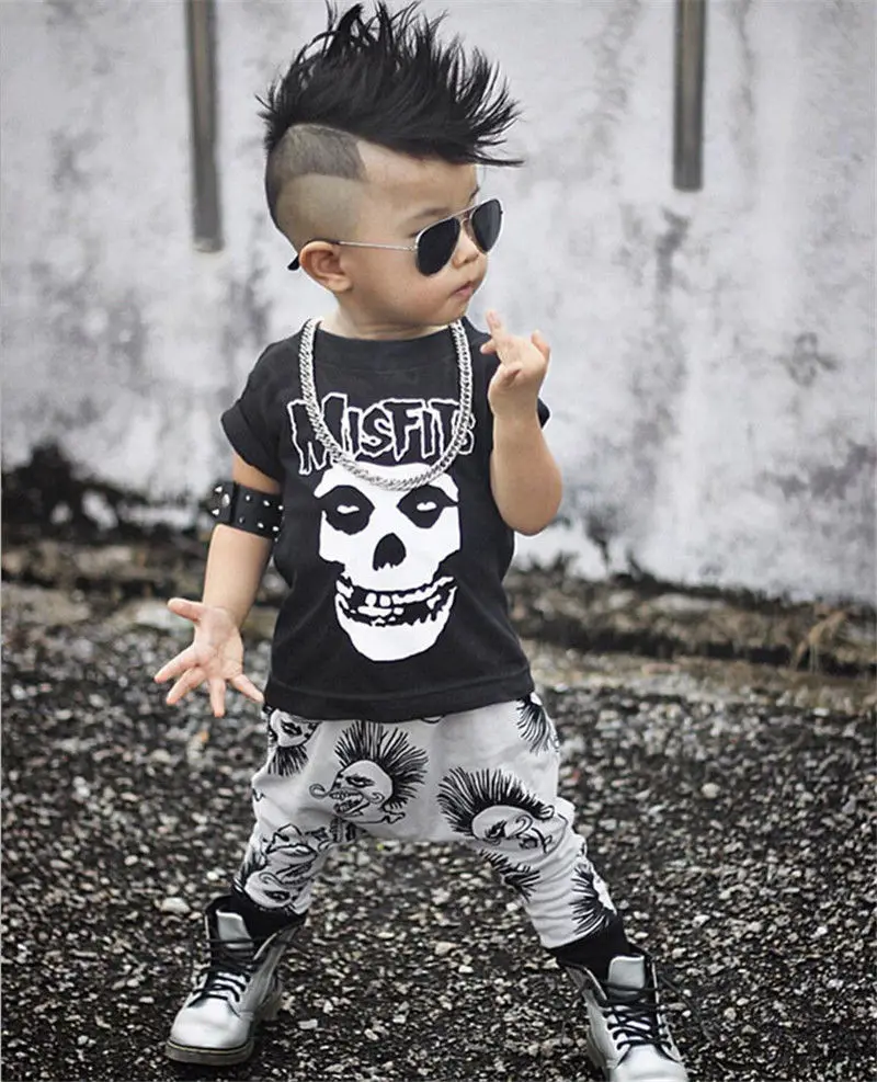 0-3Y Yenidoğan Erkek Bebek Giysileri Bebek Yürüyor Çocuk Siyah kafatası  tişört Üst + Pantolon 2 adet Kıyafet Çocuk Giyim Seti - AliExpress