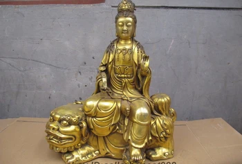 

Tibet Bronze Gilt Wenshu Manjushri Bodhisattva Ride Dog Lion Kwan-yin Statue