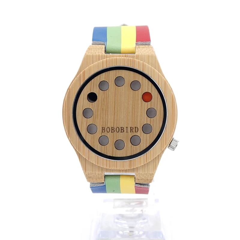 BOBO BIRD LA01 Men Wooden Watch Colorful Leather Strap Quartz Bamboo Watches for Men with Gift Box Drop Shipping