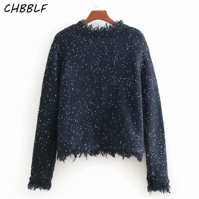 CHBBLF women chic sequined knitted jacket fringe tassels buttons long sleeve short coats open stitch outerwear tops BGB8552