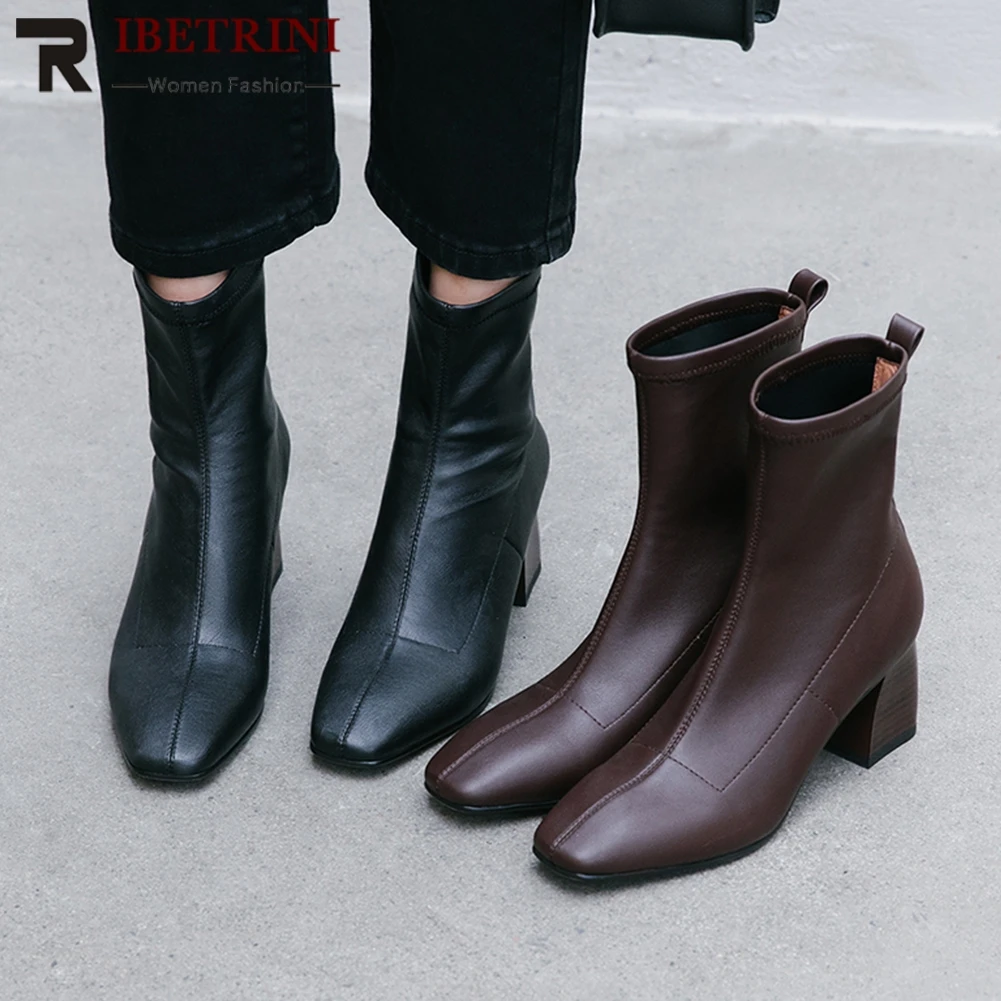 

RIBETRINI New Fashion Ankle Boots Shoes Woman Black Brown Spring Autumn 2019 Square High Heels Ankle Boots women's Shoes Woman