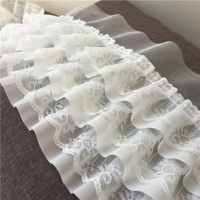 

Black white lace trim plait pleated chiffon 11cm wide garment doll diy skirt hem lace fabric accessories