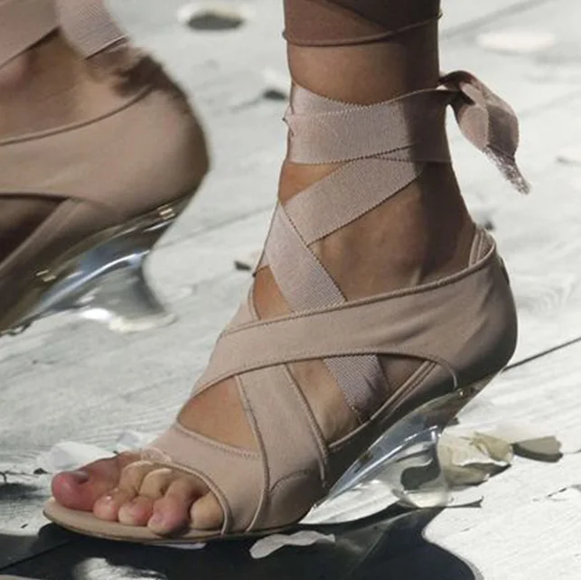 

Cross-tied Women Pumps Plus Size Luxury Design Transparent Strange High Heel Sandals Peep Toe Genuine Leather Sheepskin Heels