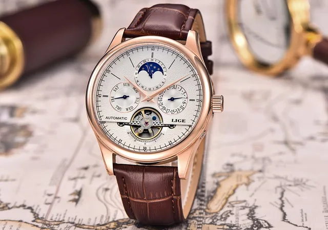 LIGE Brand Men Watches Automatic Mechanical Watch Tourbillon Sport Clock Leather Casual Business Retro Wristwatch Relojes Hombre -