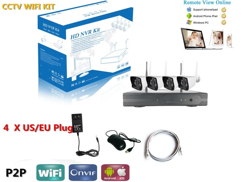 

4CH NVR 4 Wireless WiFi IP Network 960p HD Day Night IR-CUT Outdoor Indoor CCTV Surveillance Video Security Camera System