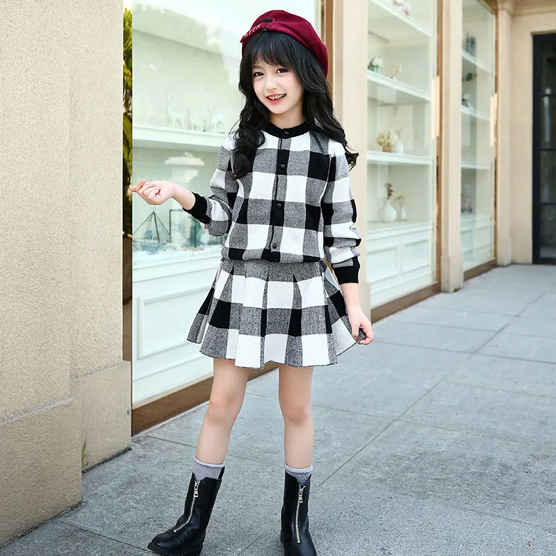 Winter Clothing For Girls Plaid Thick Coat+Skirt 2 Pcs Casual Autumn Girl's Clothes Teenage Clothes For Teen Girls 6 8 12 Years - Цвет: Черный