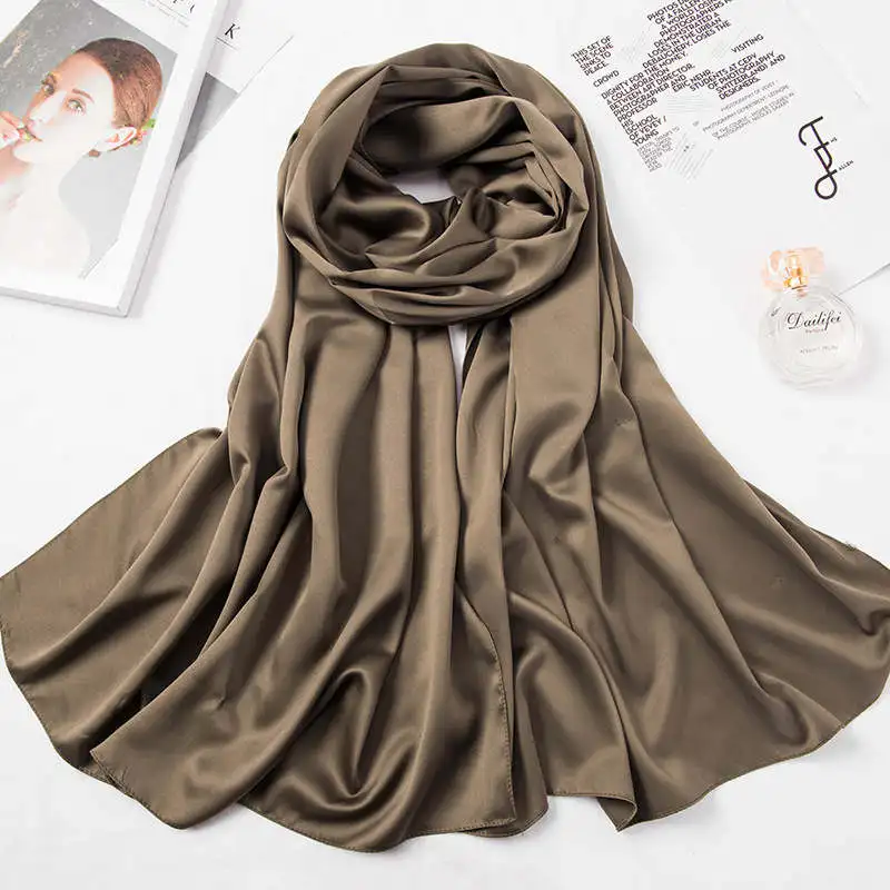 Сатиновый хиджаб шарф для женщин сплошной цвет шелк чувство платок мусульманские sjaals для женщин Исламская одежда палантин шаль - Цвет: 11