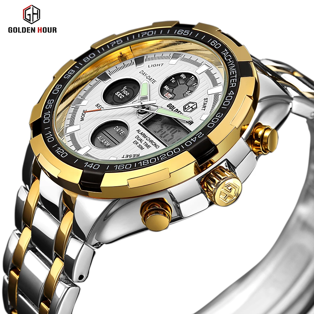 

Fashion Business Mens Watches Stainless Steel Bands Quartz Watch Men Date Week Display Wristwatch Analog Waterproof Male Clock