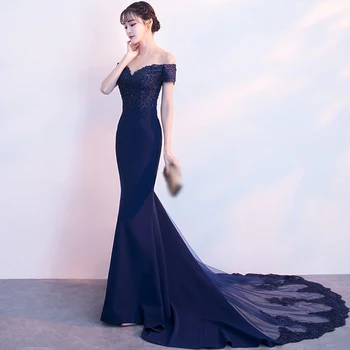 

Plus Sizes Dresses Pretty Elegant Boat-Neck Beads Navy Blue Chiffon Formal Evening Gown Party Dress Robe De Soiree