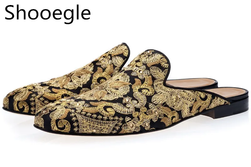 

Men Golden Hand-Embroidered Canvas Casual Shoes Mules with Crystal Embellishments Men Flat Slipper