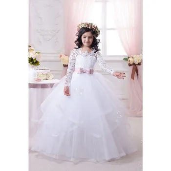 

Girl Lace Long Sleeve Bowknot Belt Party Dress Kids Girl Wedding Birthday Ball Gown Princess Dress Girls Hollow to Floor Costume