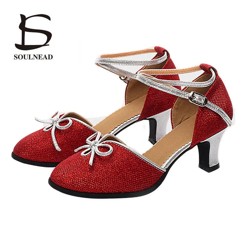 

New 2018 Glitter Bow Dance Shoes For Women Ladies Salsa Tango Modern Closed Toe Dancing Shoes High Heeled 6cm Latin Dance Shoes