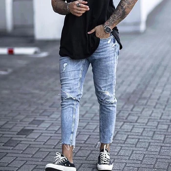 

EVES 2019 Men Stylish Ripped Jeans Homme Biker Pants Slim Straight Ankle-Length Frayed Denim Trousers New Fashion Skinny Jeans