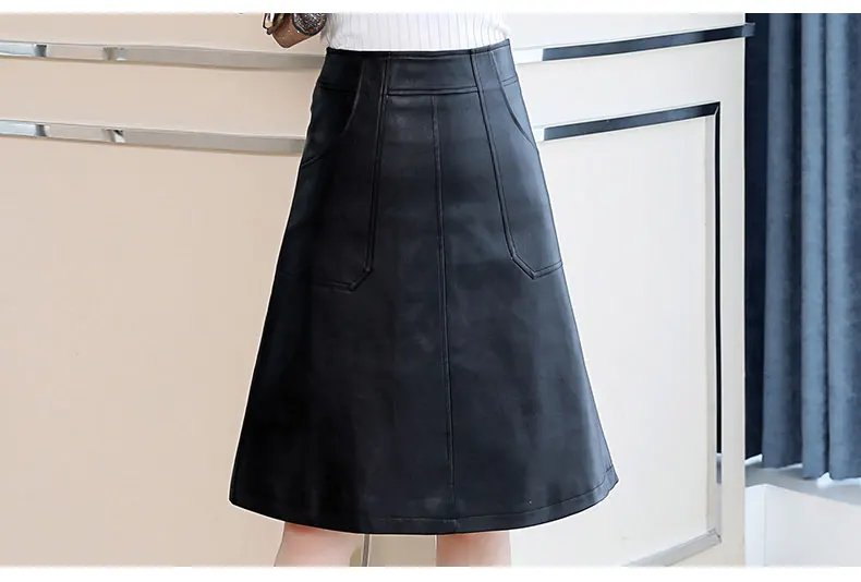 Весенняя женская юбка миди, модная, черная, зеленая, размера плюс 4XL, офисная одежда, высокая талия, трапециевидная, искусственная кожа, Зимняя юбка