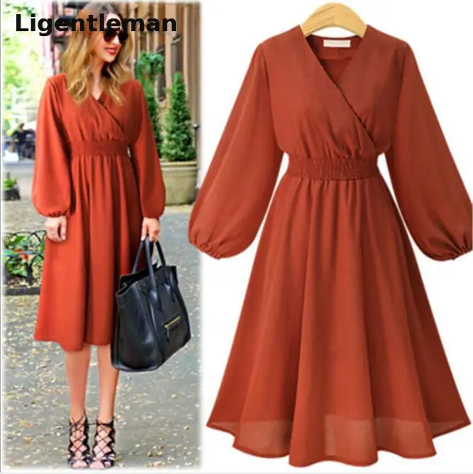 

2019 New Arrival Ligentleman Casual A-line Solid Full None Knee-length Lantern Sleeve Empire V-neck Spring Dresses Casual Spring