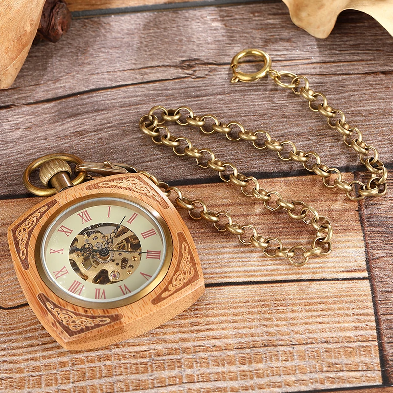 Творчество деревянный Механические карманные часы Для мужчин Для женщин квадратный Элегантный Резьба циферблат полый Скелет римскими