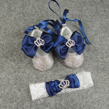 

custom sparkle bling handmade baby shoes new born soft sole crown bow rhinestone princess ribbon shoe headband BB31