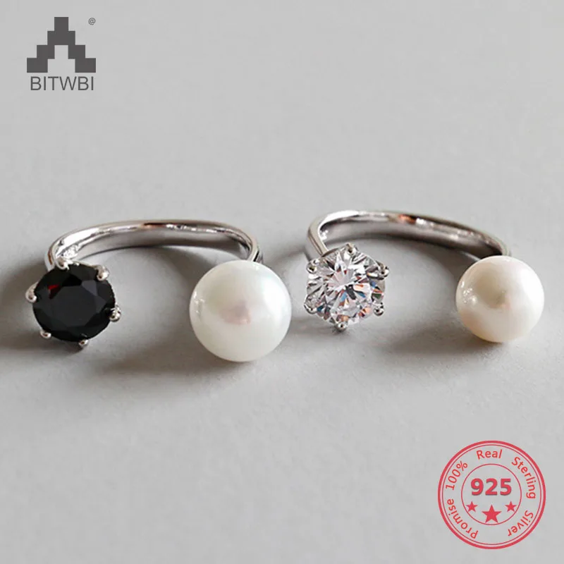 

S925 Sterling Silver Personality Pearl Zircon Open Silver Ring