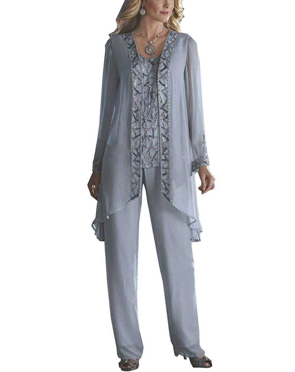 US $114.75 Beading women 3 piece elegant sequins chiffon mother of the bride dress pants suit floor length for wedding groom 2020