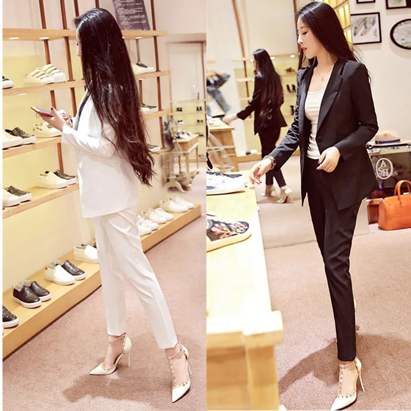 Two Piece Set Office Suit Women  Black Long Jacket+Long Pant Suits Businness Work Wear Suits