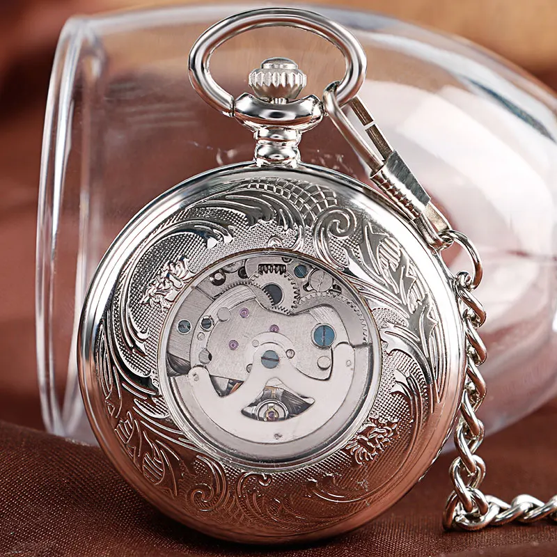 Роскошный классический кулон серый циферблат Автоматические Механические карманные часы Мода вырезка для женщин мужские простые подарки