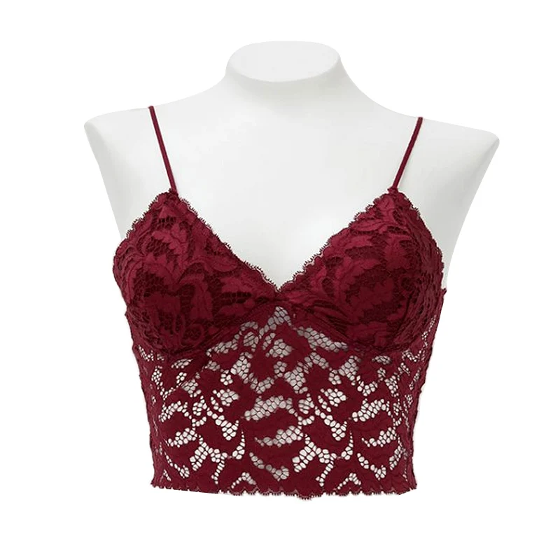 

Girls Lace Floral Bralette Unlined Mesh Back Ladies Bustier Women Wireless Breathable New Arrival Wine Red Bras Top