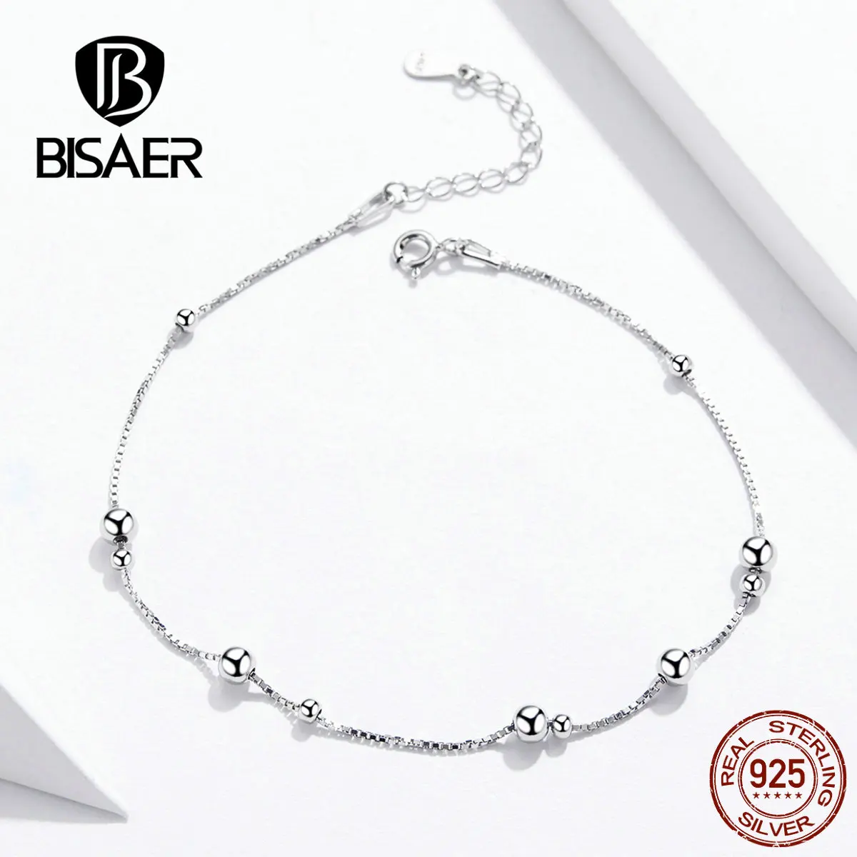 

Bisaer 100% 925 Sterling Silver Anklet Round Ball Pendants Simple Design Summer Jewelry Fashion Style Anklets For Women GXT005