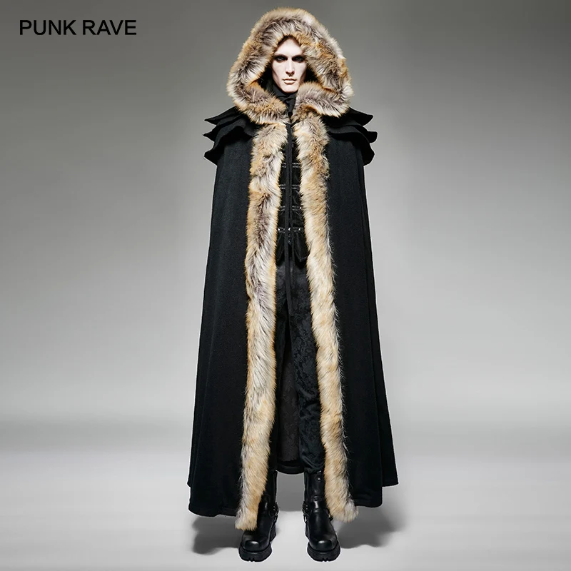 

PUNK RAVE Gothic Novelty Men's Black Red Overbearing Winter Long Cloak with Fur Men Cosplay Party Palace Wool Jacket Cape Coat