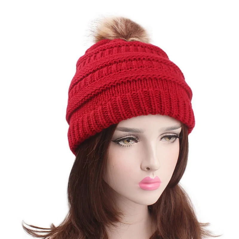 Faux Fur Pom Pom Hat For Women Knit Beanies Red Black White Autumn