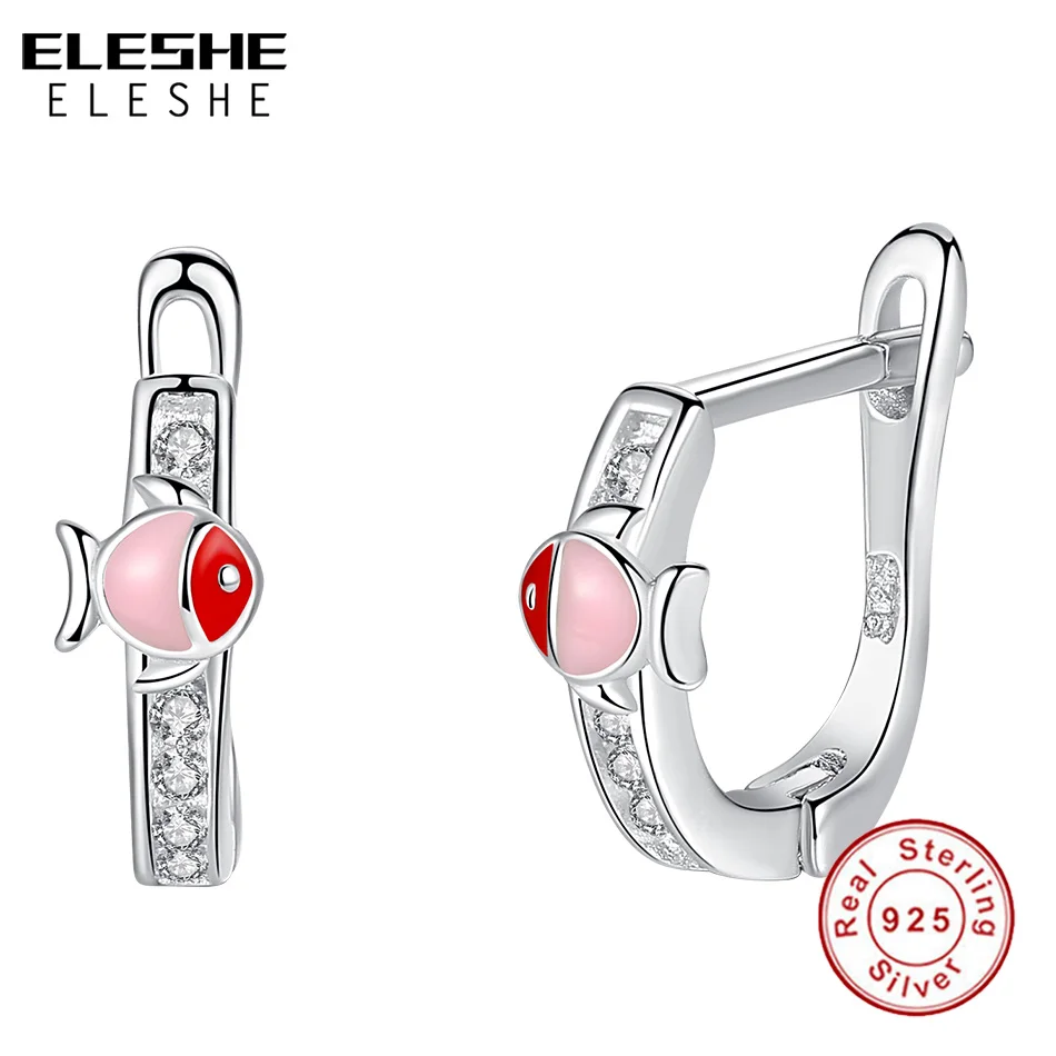

ELESHE Authentic 925 Sterling Silver Earrings AAA Zircon Crystal Red Enamel Fish Stud Earrings For Girls Kids Children Jewelry