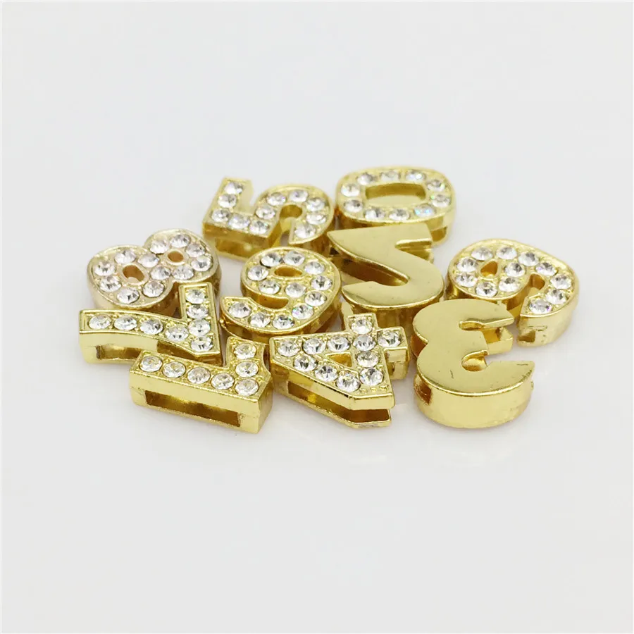 

Retail 8MM Full Rhinestones Gold Color Slide Number"0-9""Number Choose Freely" Slide Charms Fit 8mm DIY Wristband Bracelet SN03