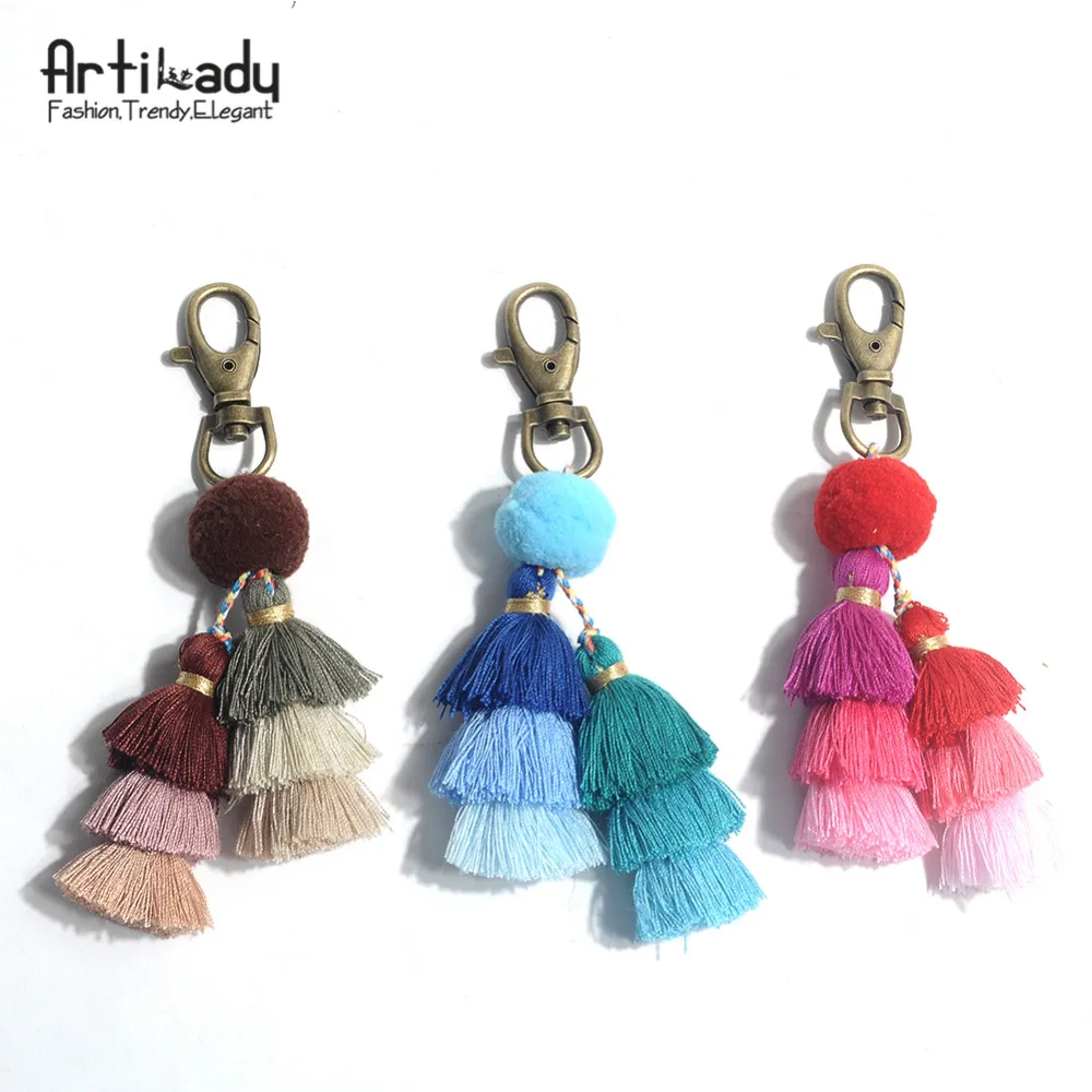 Artilady handmade pom pom tassel keychain bag charm gradient colors key chain key holder boho ...