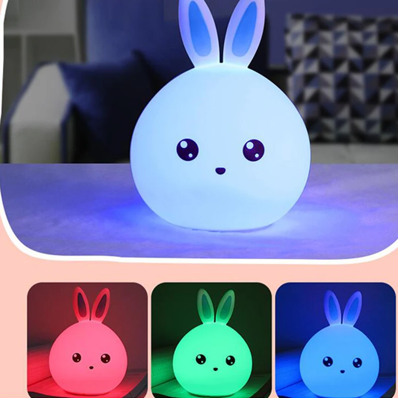 Rabbit LED Night Light Silicone Touch Sensor Tap Control Nightlight Multicolor Children Baby Kids Bedside Table Lamp (8)