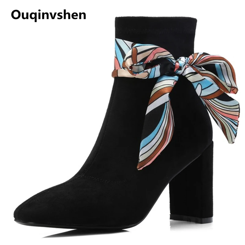 

Ouqinvshen Riband Kid Suede Autumn Boots Women Fashion Elegant Casual Thick Heels Women Pumps Sewing Concise Women Ankle Boots