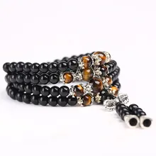 Black Color Tiger Eye Crystal Tibet Buddhist Buddha Meditation 108 Prayer Bead Mala Bracelet Necklace