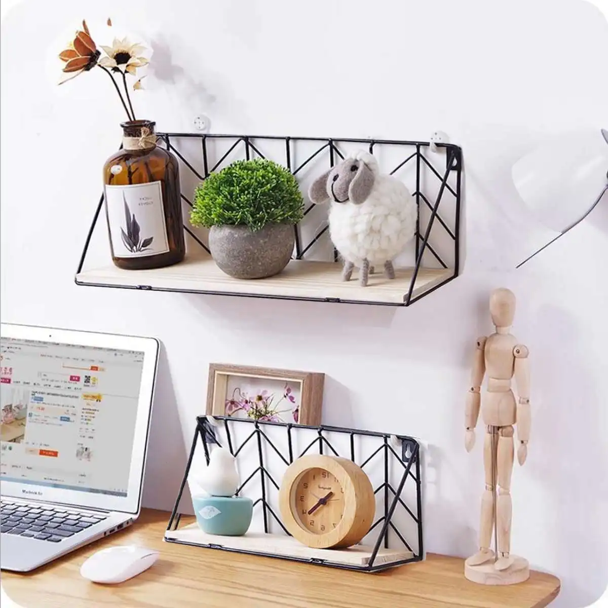

Wooden Iron Wall Shelf Wall Mounted Storage Rack Organization For Kitchen Bedroom Home Decor Kid Room DIY Wall Holder